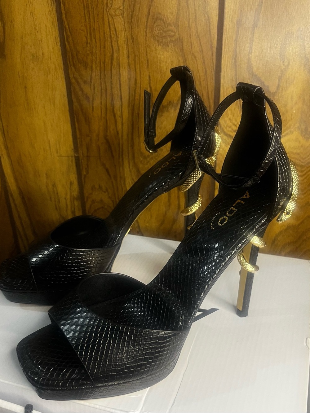 Aldo Black Textured High Heel Sandals with Gold Snake Detail